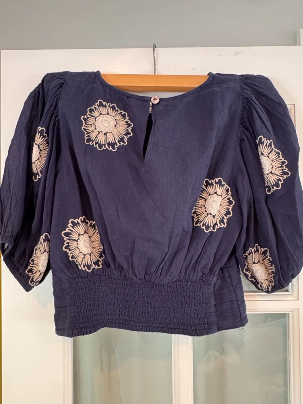 FP Embroidered Navy Puff-Sleeve Waistband Top